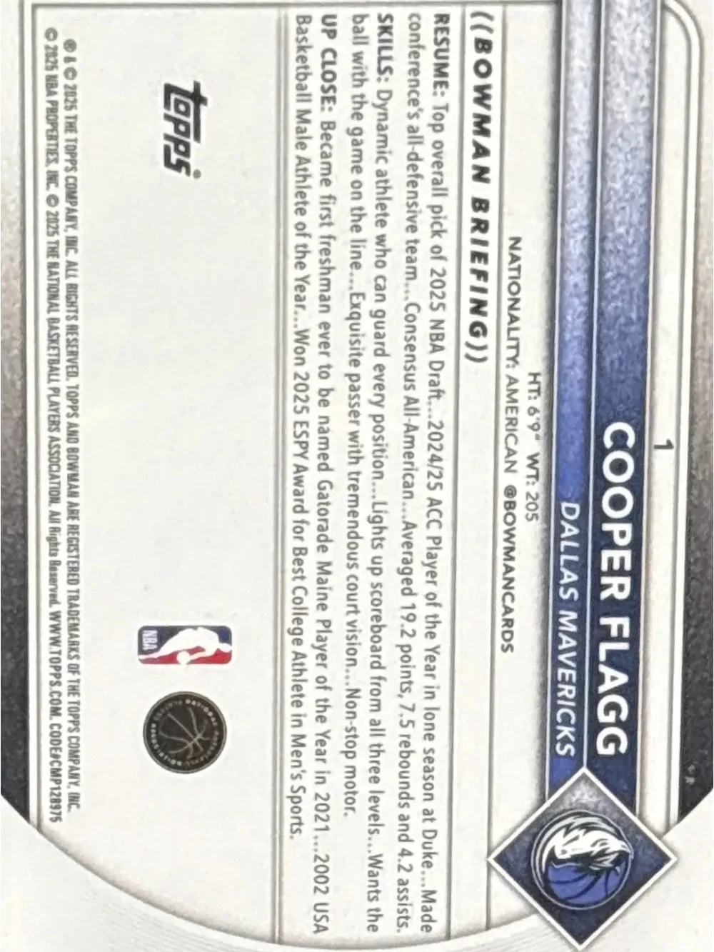 Topps Bowman Dallas Mavericks Rookie Basketball Trading Card - Cooper Flagg